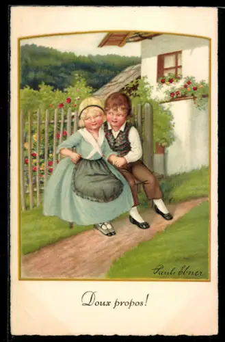 Künstler-AK Pauli Ebner: Doux Propos!, Junge und Mädchen auf einer Bank