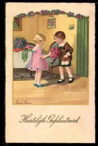 Künstler-AK Pauli Ebner: Junge bringt einen Strauss Rosen und ein Geschenk