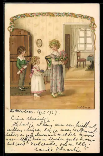 Künstler-AK Pauli Ebner: Kinder mit Geschenken