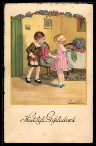 Künstler-AK Pauli Ebner: Junge bringt einem Mädchen Blumen und ein Geschenk