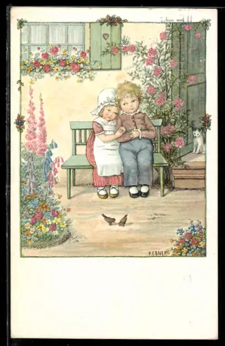 Künstler-AK Pauli Ebner: Junges Pärchen sitzt auf einer Bank vor dem Haus