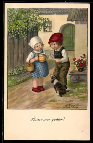 Künstler-AK Pauli Ebner: Mädchen mit Krug und Kunge möchte kosten