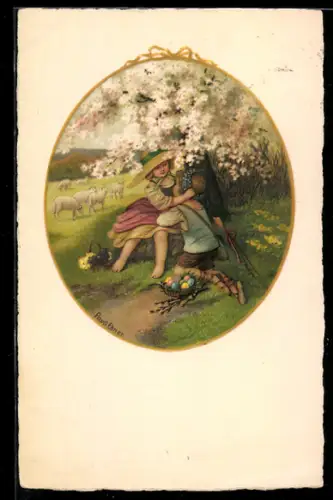 Künstler-AK Pauli Ebner: Kinder mit Ostereiern und einem blühenden Baum