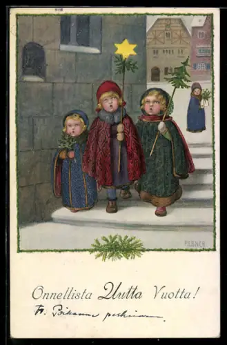 Künstler-AK Pauli Ebner: Drei kleine Kinder singen zu Weihnachten