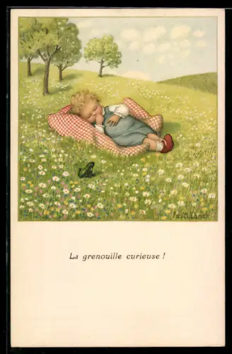 Künstler-AK Pauli Ebner: Kleines Kind schläft selig auf einer Blumenwiese