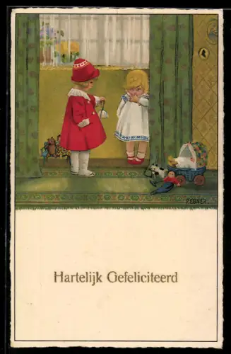 Künstler-AK Pauli Ebner: Kind hält einem anderen ein Geschenk hin