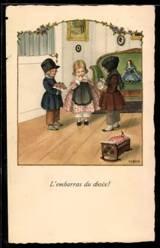 Künstler-AK Pauli Ebner: Mädchen bekommt von zwei Jungen Geschenke