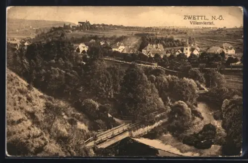 AK Zwettl /N. Ö., Villenviertel mit Brücke aus der Vogelschau