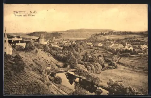 AK Zwettl /N. Ö., Totalansicht mit Villen, Brücke