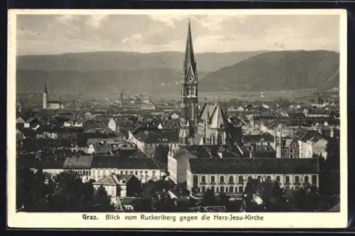 AK Graz, Teilansicht mit Herz-Jesu-Kirche vom Ruckerlberg aus