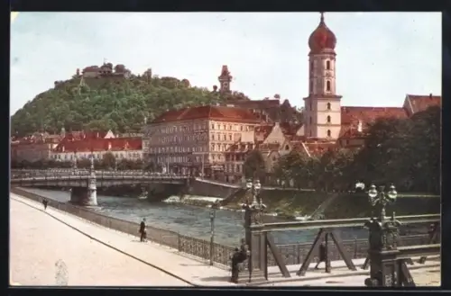AK Graz, Blick v. d. Mur zum Schlossberg