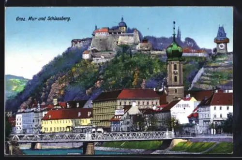 AK Graz, Brücke, Mur und Schlossberg