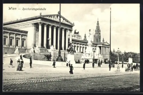 AK Wien, Reichsratsgebäude mit Vorplatz u. Kirche