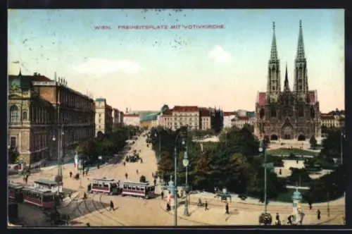 AK Wien, Freiheitsplatz mit Votivkirche aus der Vogelschau, Strassenbahn