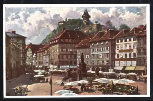 Künstler-AK Graz, Markttag am Hauptplatz