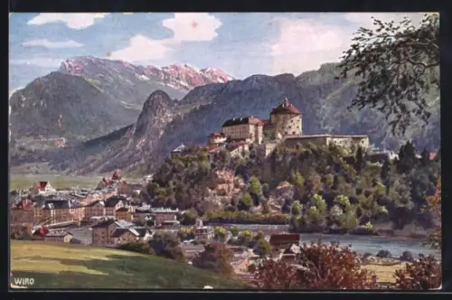 Künstler-AK Kufstein, Ortsansicht mit Kaisergebirge