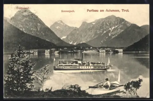 AK Pertisau am Achensee, Dampfer auf dem See, Tristenkopf und Sonnenjoch