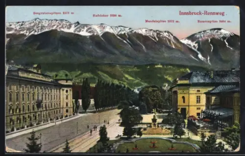 AK Innsbruck, Rennweg, Strassenpartie mit Gasthaus und Bergpanorama