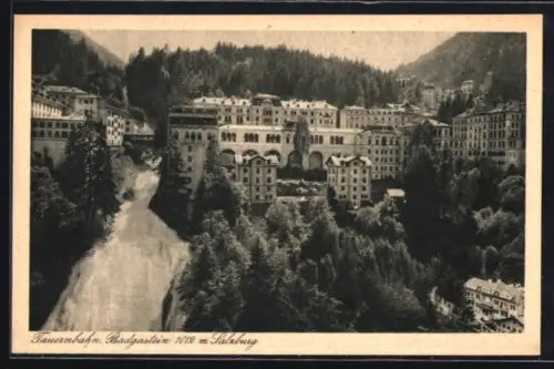 AK Badgastein /Salzburg, Totalansicht mit Wasserfall