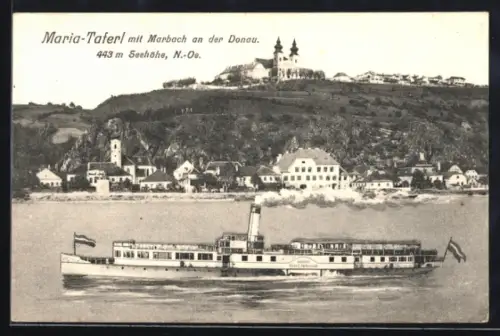 AK Marbach an der Donau, Teilansicht mit Wallfahrtskirche Maria-Taferl und Dampfer