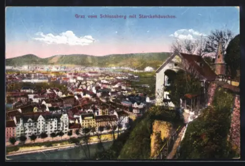 AK Graz, Teilansicht vom Schlossberg mit Starckehäuschen