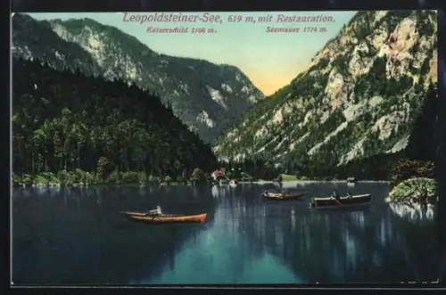 AK Eisenerz, Boote auf dem Leopoldsteiner See, mit Restauration