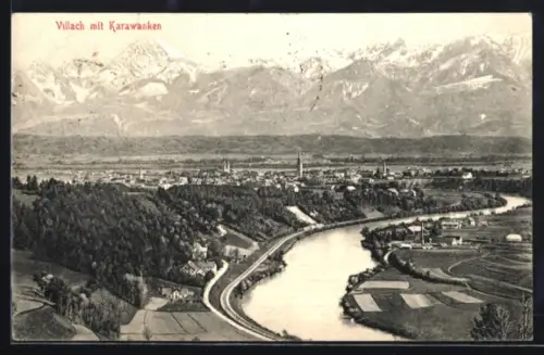 AK Villach, Teilansicht mit Karawanken