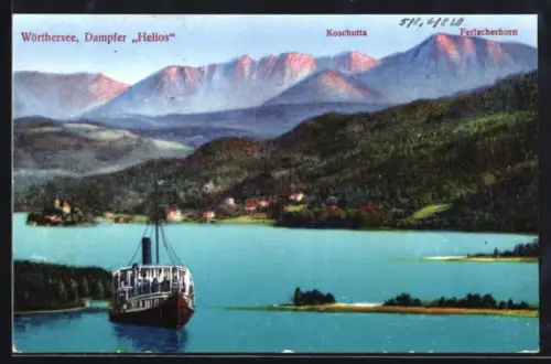 AK Wörthersee, Panorama mit Dampfer Helios, Koschutta und Ferlacherhorn