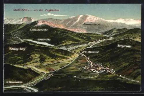 Künstler-AK Mariazell, Ortsansicht mit Bürgeralpe, Erlauf-See und Ötscher