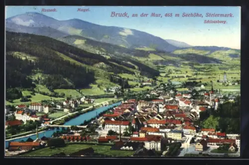 AK Bruck an der Mur, Teilansicht mit Rosseck, Mugel und Schlossberg