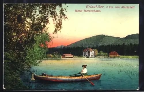 AK Mariazell, Erlauf-See mit Hotel Herrenhaus