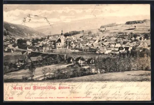 AK Mürzzuschlag /Steierm., Ortsansicht mit Brücke