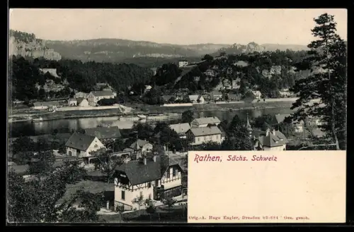AK Rathen /Sächs. Schweiz, Ortsansicht mit Elbe und umliegenden Häusern