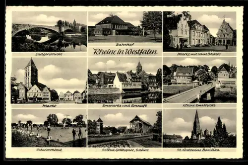 AK Rheine in Westfalen, Bahnhof, Ludgeribrücke, Markt mit Haus Beckers