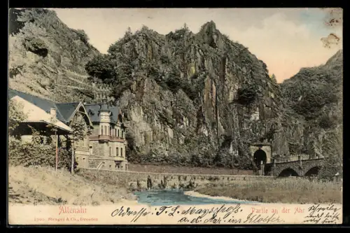 AK Altenahr, Partie an der Ahr, Felsen, Brücke