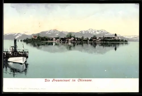 AK Fraueninsel /Chiemsee, Gesamtansicht der Insel mit Kloster und Anlegestelle