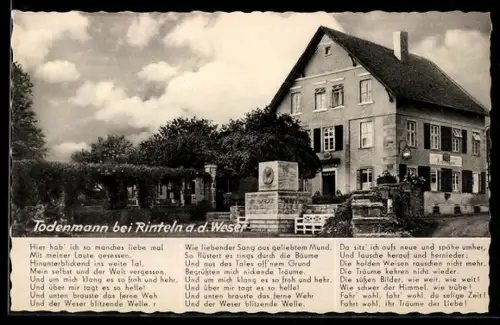 AK Todenmann bei Rinteln, Gasthaus und Pension Reese, Inh. Herbert Sasse, Kriegerdenkmal