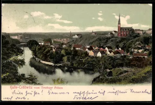 AK Halle-Cröllwitz, Blick vom Trothaer Felsen auf Saale und Kirche
