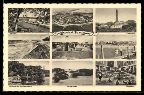 AK Norderney, Kurhaus, Leuchtturm, Strandleben, Wellenbad, Ortsansicht, Weststrand