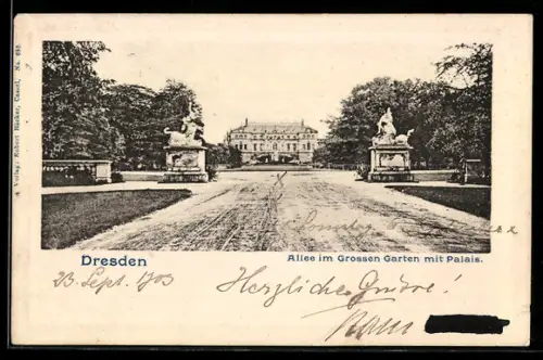 AK Dresden, Allee im Grossen Garten mit Palais