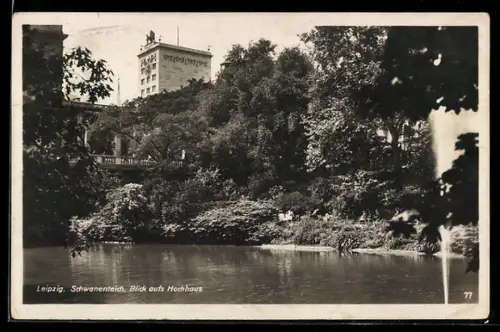 AK Leipzig, Schwanenteich, Blick aufs Hochhaus