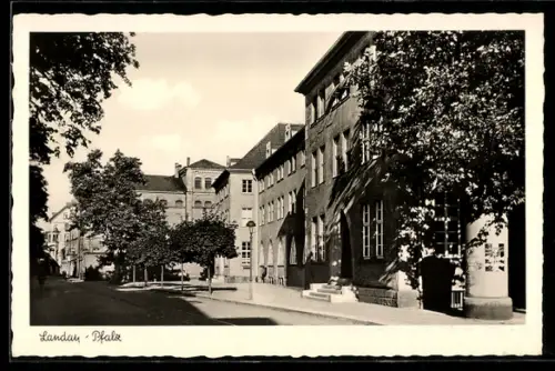 AK Landau /Pfalz, Strassenansicht mit Gebäudefronten und Bäumen