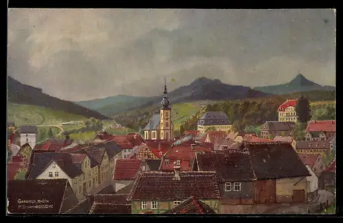 Künstler-AK Gersfeld /Rhön, Ortsansicht mit Kirche und Häusern