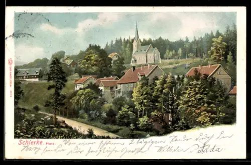 AK Schierke /Harz, Dorfansicht mit Kirche und Waldrand