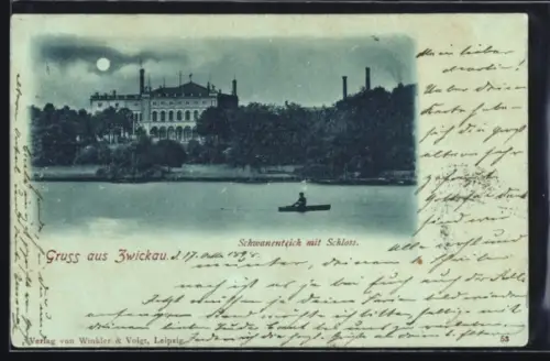 Mondschein-AK Zwickau, Schwanenteich mit Schloss