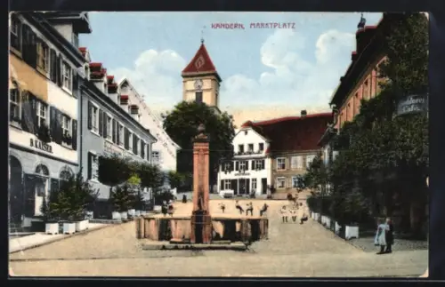 AK Kandern, Marktplatz mit Brunnen und Uhrturm