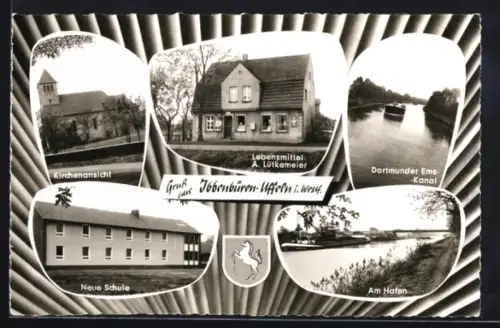 AK Ibbenbüren-Uffeln i. Westf., Kirchenansicht, Lebensmittel A. Lütkemeier, Dortmund-Ems-Kanal, Neue Schule, Am Hafen