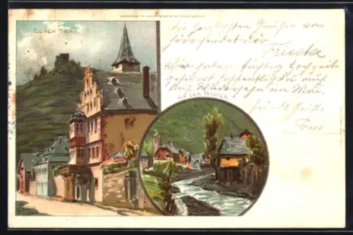 Lithographie Lorch a. Rh., Burg, Rathaus, an der Weser