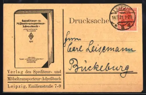 AK Leipzig, Werbekarte des Verlags der Spediteur- und Möbeltransporteure-Adressbuchs, Emilienstrasse 7-9