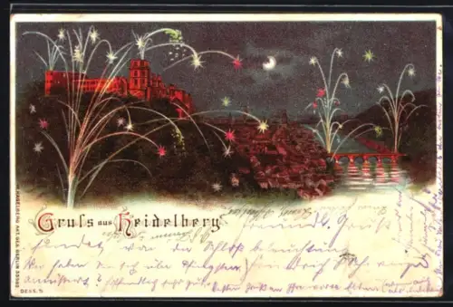 Lithographie Heidelberg, Schloss, Alte Brücke, Feuerwerk